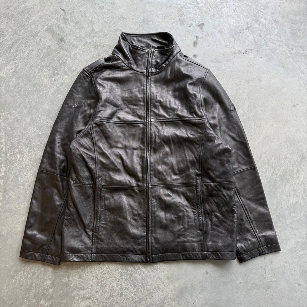 Reebok Mens Black Leather Jacket Full Zip Mock Neck Streetwear Size Medium